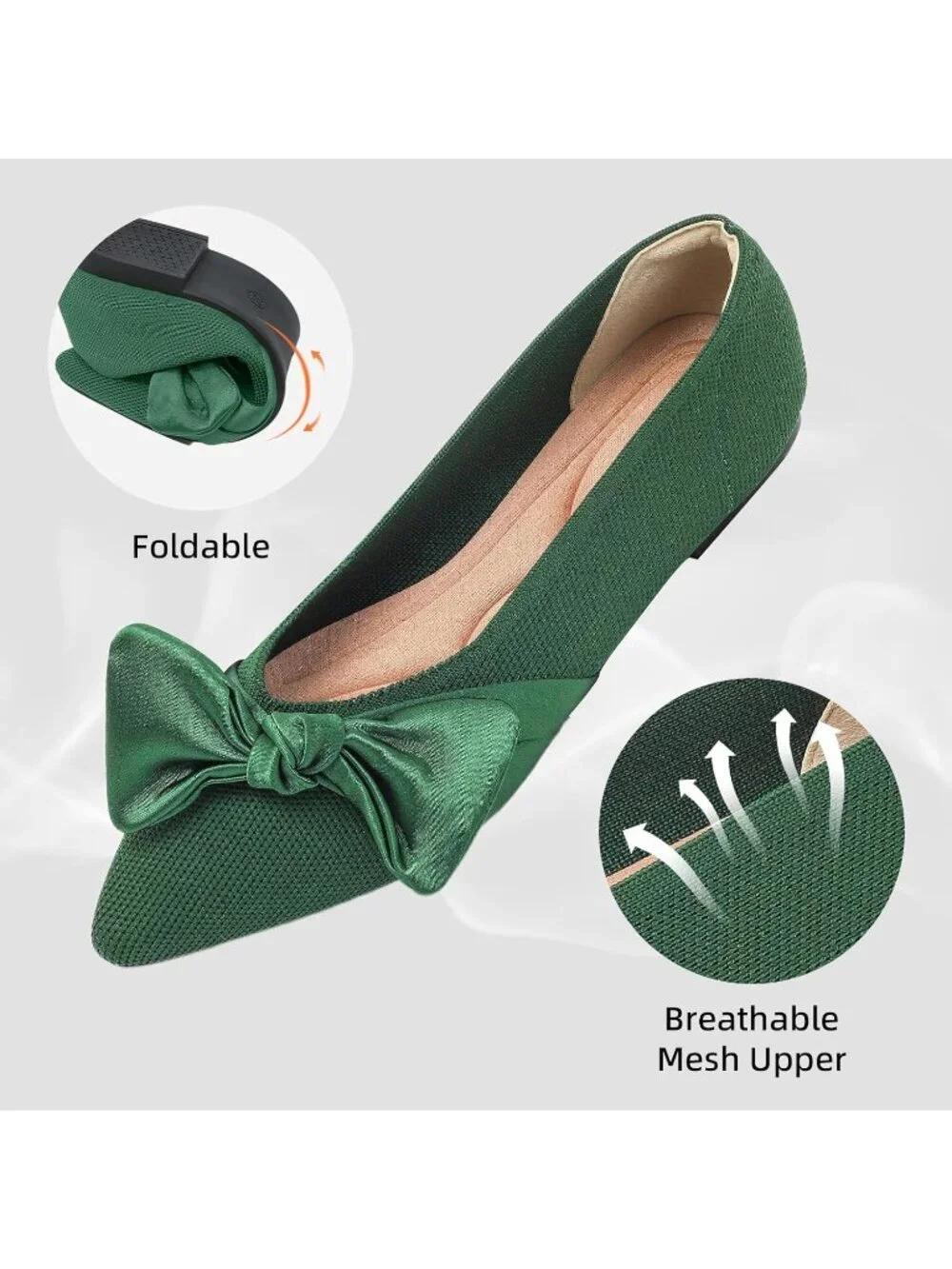 Women's Green Mesh Pointed Toe Ballet Slip On Comfortable  Flats with Bow Shoes